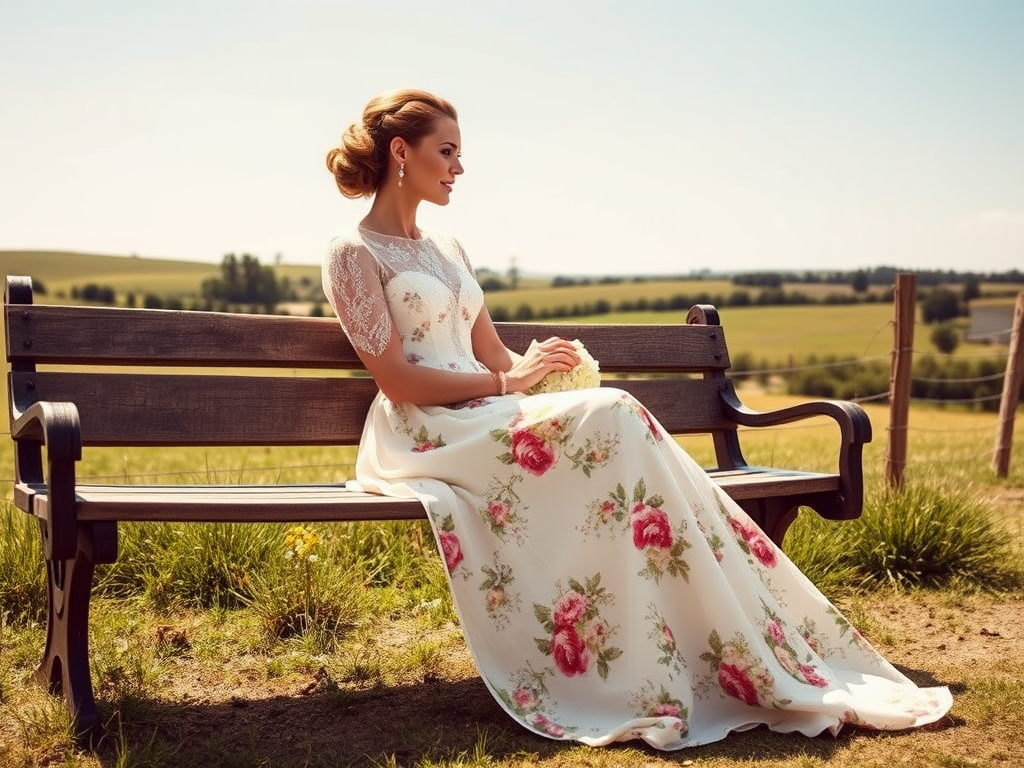 Une femme en robe de mariée à fleurs, assise sur un banc, avec des champs verdoyants en arrière-plan.