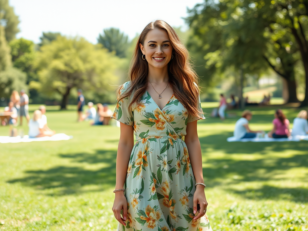 Une femme souriante porte une robe à fleurs, se tenant dans un parc ensoleillé avec des gens en arrière-plan.