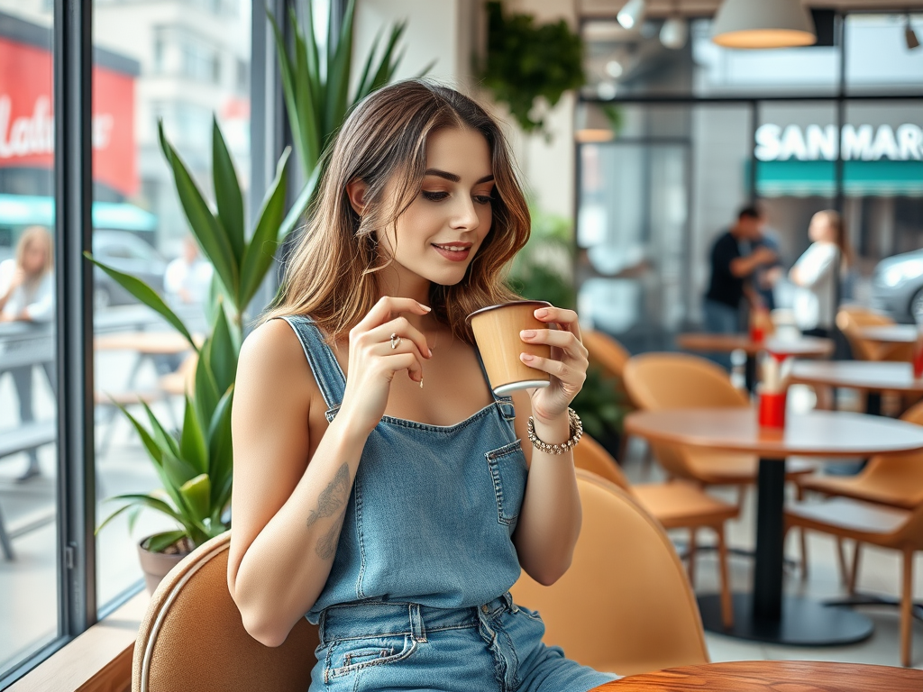 Une femme souriante savoure une boisson dans un café moderne, entourée de verdure et de clients au fond.