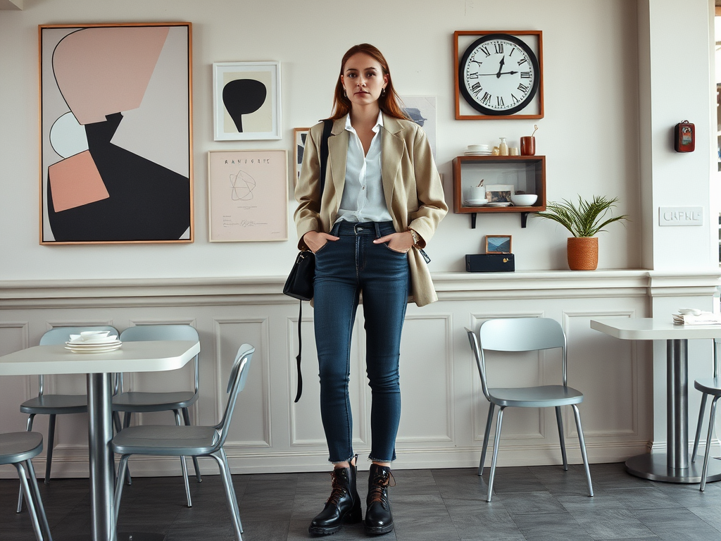 Une femme élégante porte un blazer dans un café moderne avec des œuvres d'art au mur. Tables et chaises sont visibles.