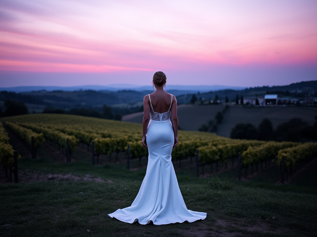 Une femme en robe blanche se tient dans un vignoble, admirant un coucher de soleil aux teintes pastel.