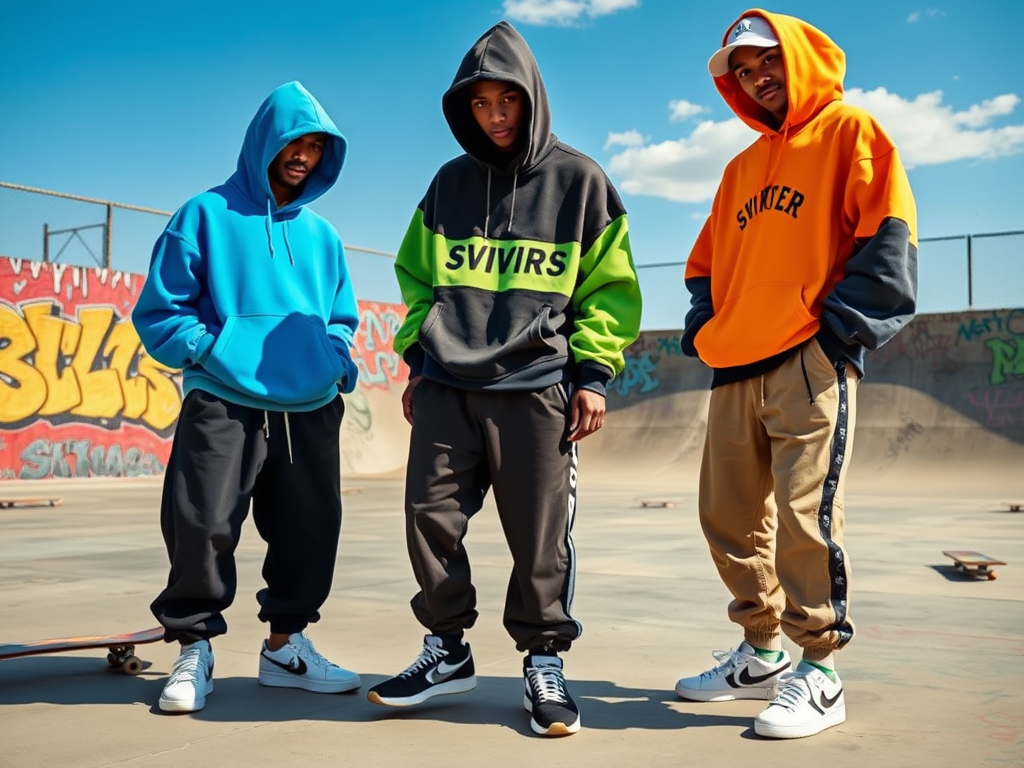 Trois jeunes hommes portent des sweats à capuche colorés dans un skatepark ensoleillé.