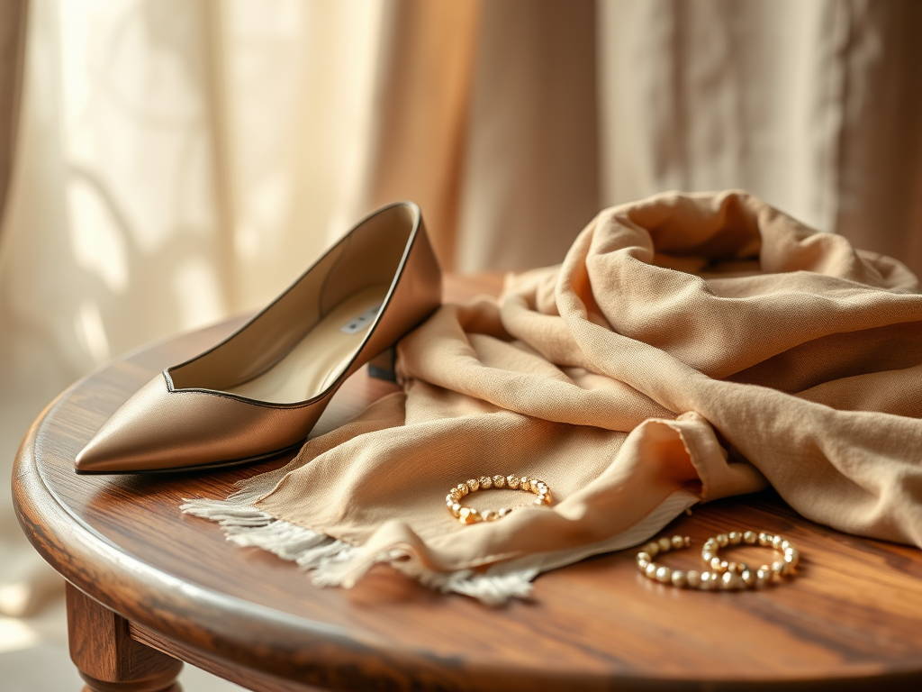 Une chaussure à talon beige, un foulard léger et des bijoux dorés sur une table en bois.