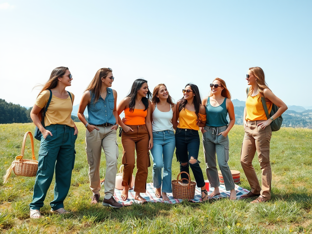 Un groupe de femmes souriantes se tient en cercle sur un champ verdoyant, profitant d'une journée ensoleillée.