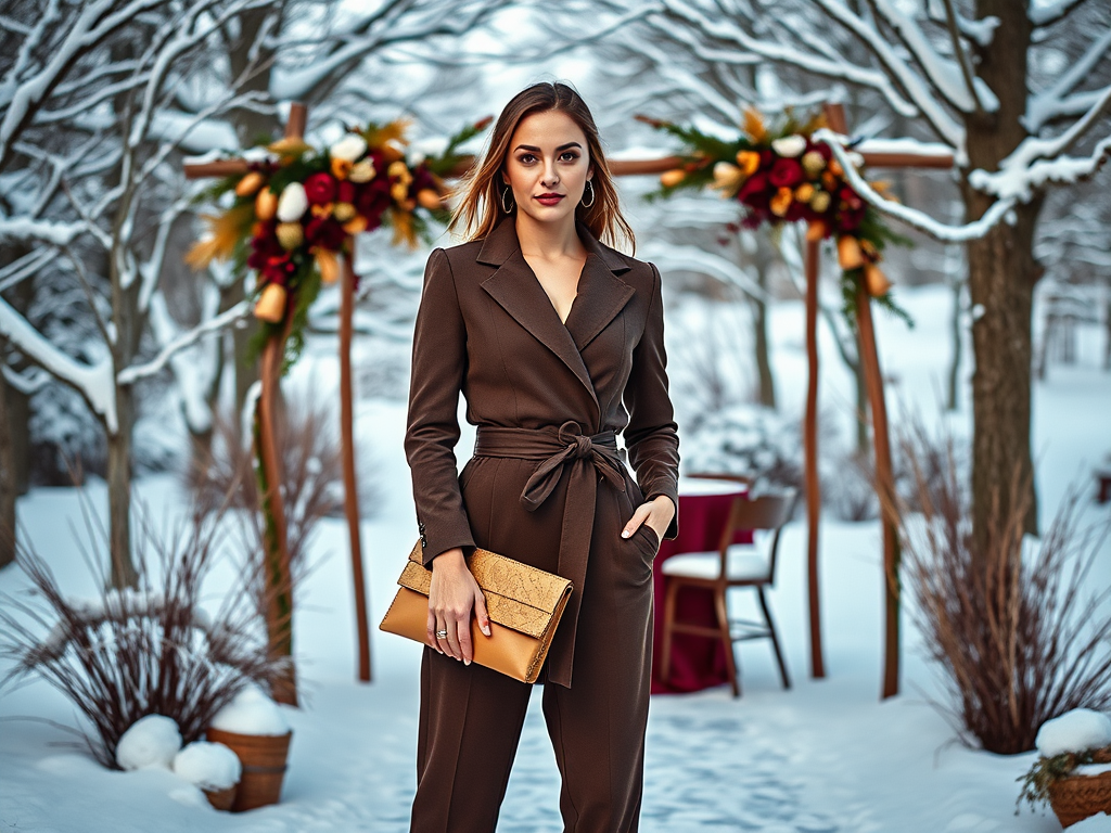 Une femme élégante en costume marron se tient dans un paysage hivernal, avec des décorations florales en arrière-plan.