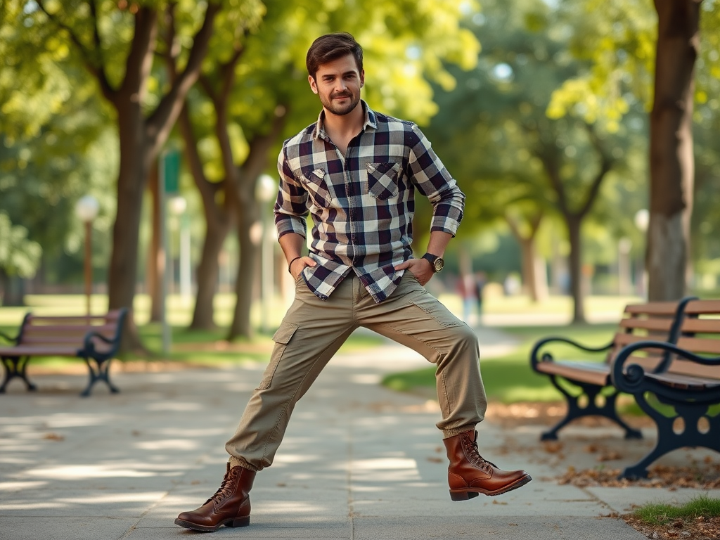 Un homme souriant porte une chemise à carreaux et un pantalon beige, posant dans un parc ensoleillé.