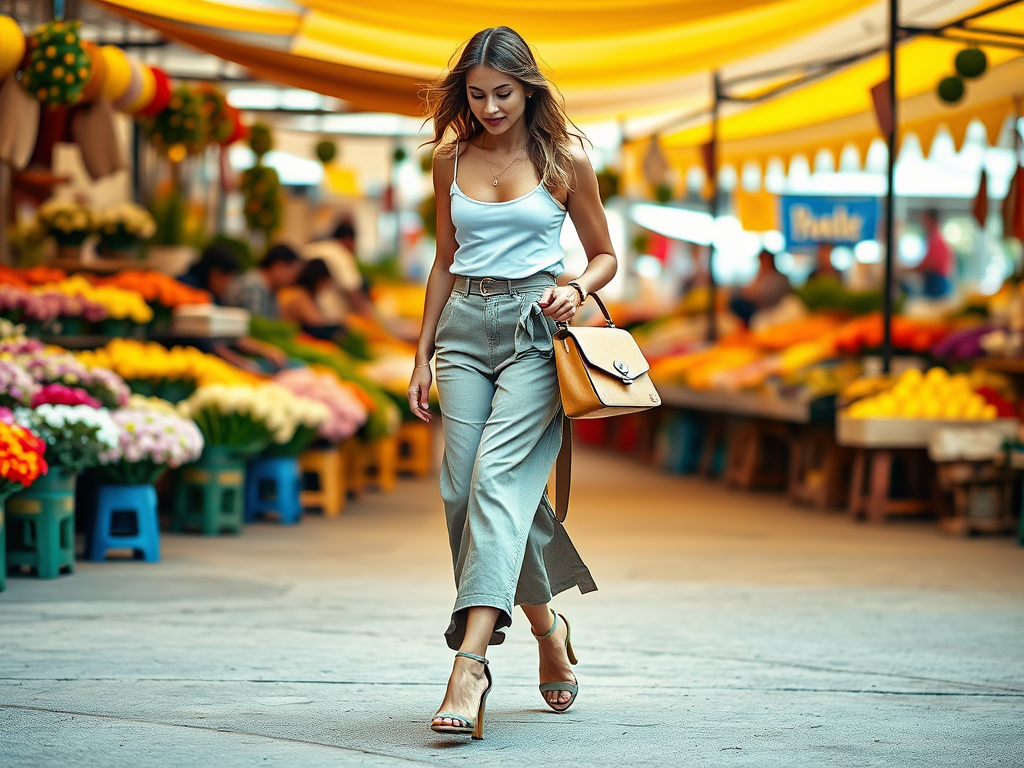 Une femme marche à travers un marché lumineux, entourée de fleurs colorées et de fruits. Elle porte un sac à main.