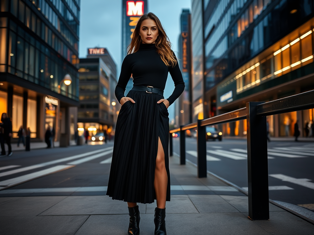 Une femme en jupe longue noire et pull à col roulé pose dans une rue animée, entourée de bâtiments modernes.