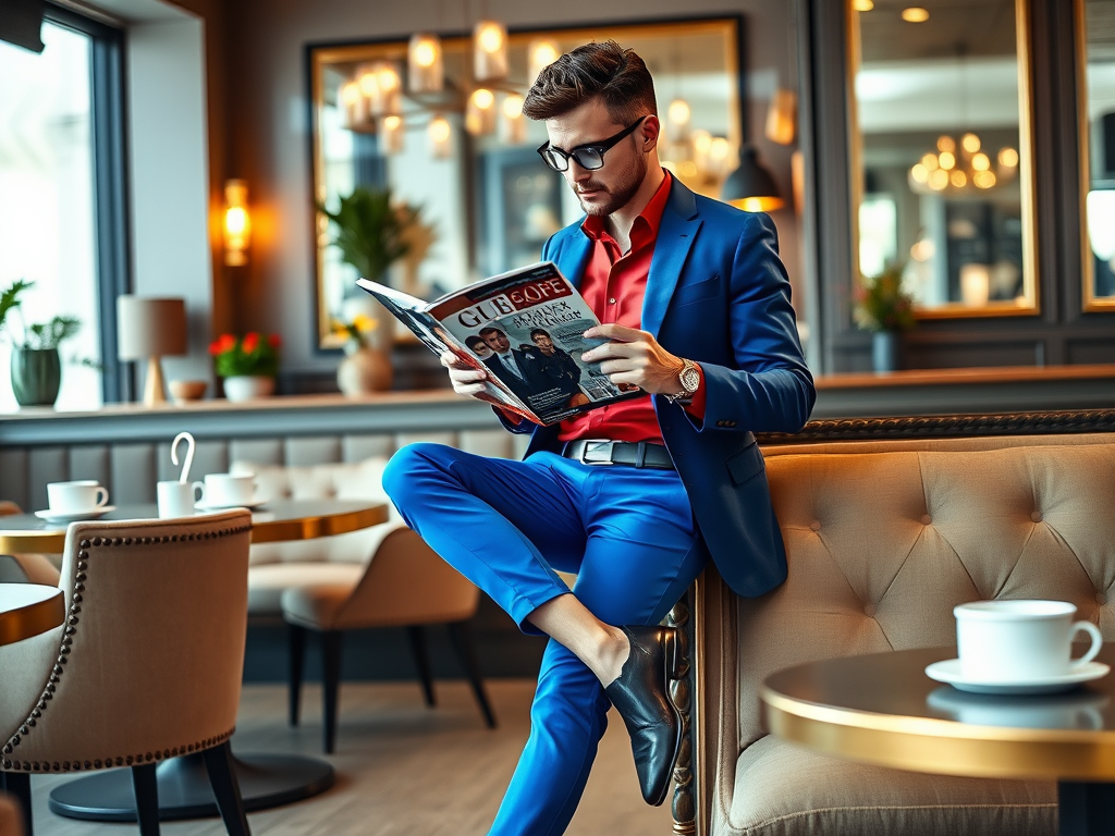 Un homme élégant en costume bleu lit un magazine dans un café moderne, une tasse de café à ses côtés.