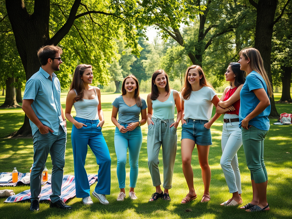 Un groupe de jeunes adultes souriants discute ensemble dans un parc ensoleillé, entouré d'arbres verdoyants.