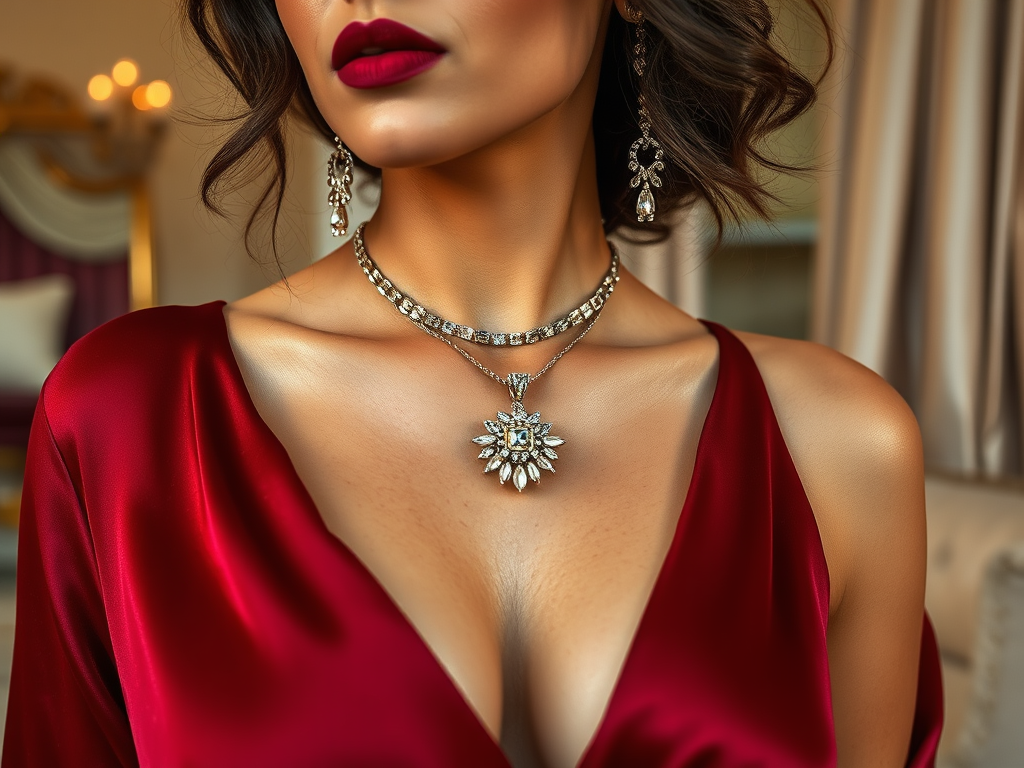 Une femme porte un décolleté rouge et des bijoux brillants, avec des lèvres rouges et des boucles d'oreilles élégantes.