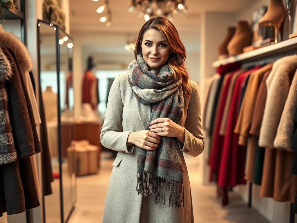 Une femme souriante avec une écharpe se tient dans une boutique de vêtements élégante.