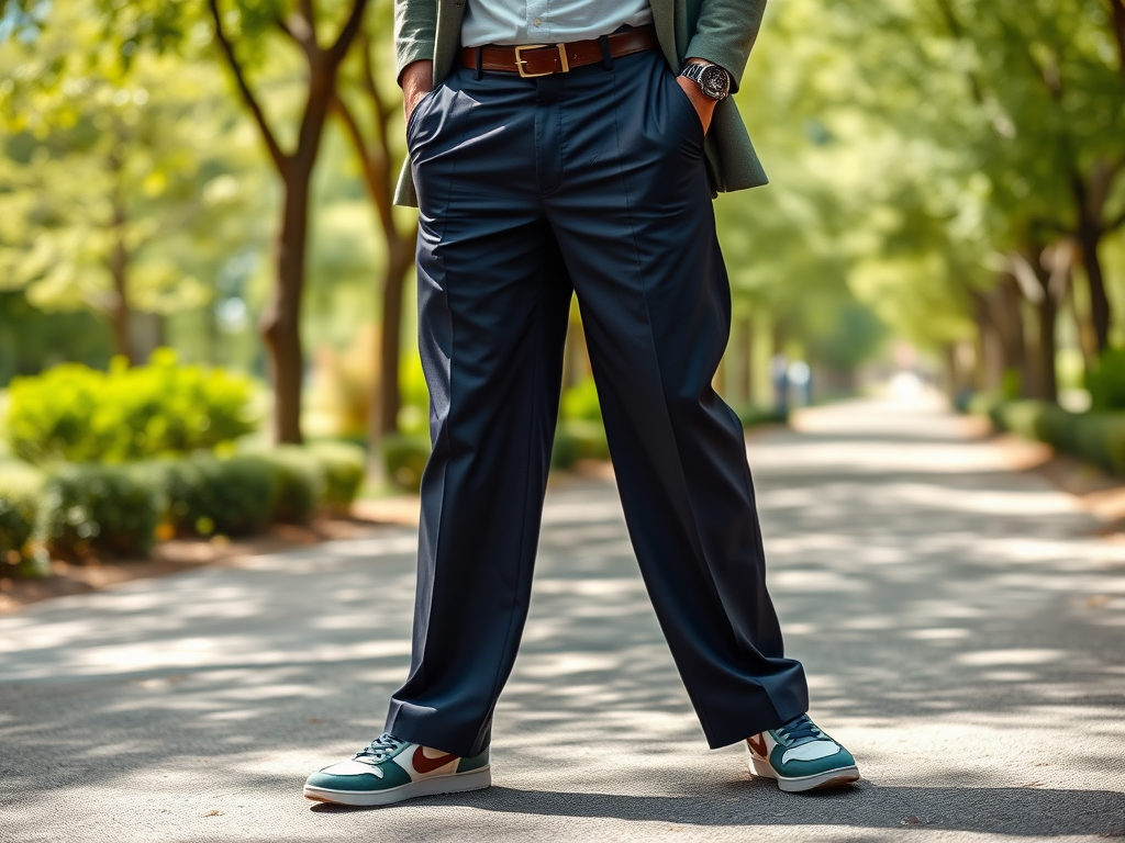 Un homme debout dans un parc, portant un pantalon noir, des baskets colorées, entouré d'arbres.