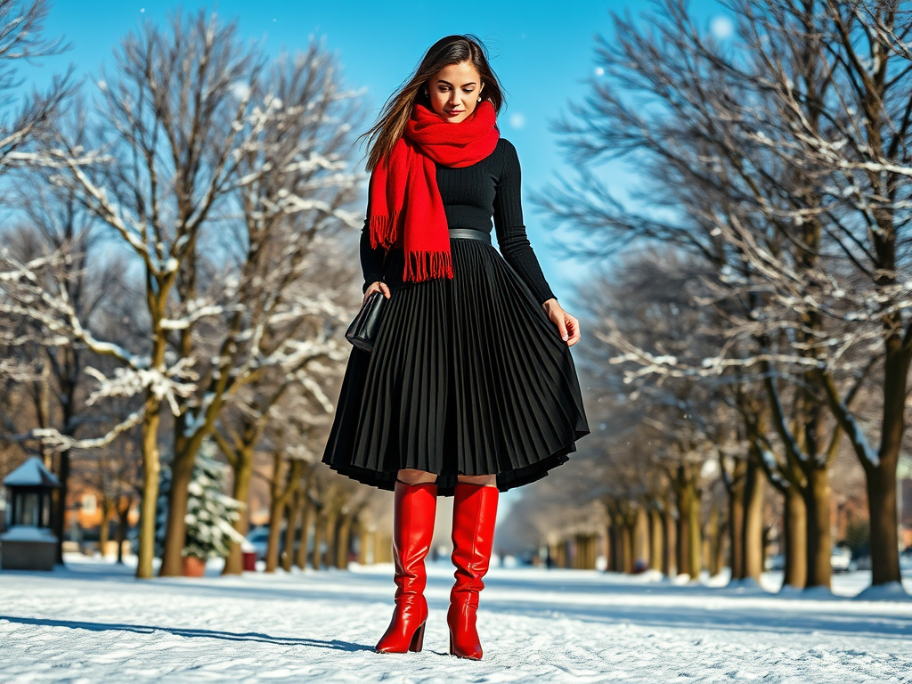 Une femme élégante en jupe plissée noire, bottes rouges et écharpe rouge, marchant dans une rue enneigée.