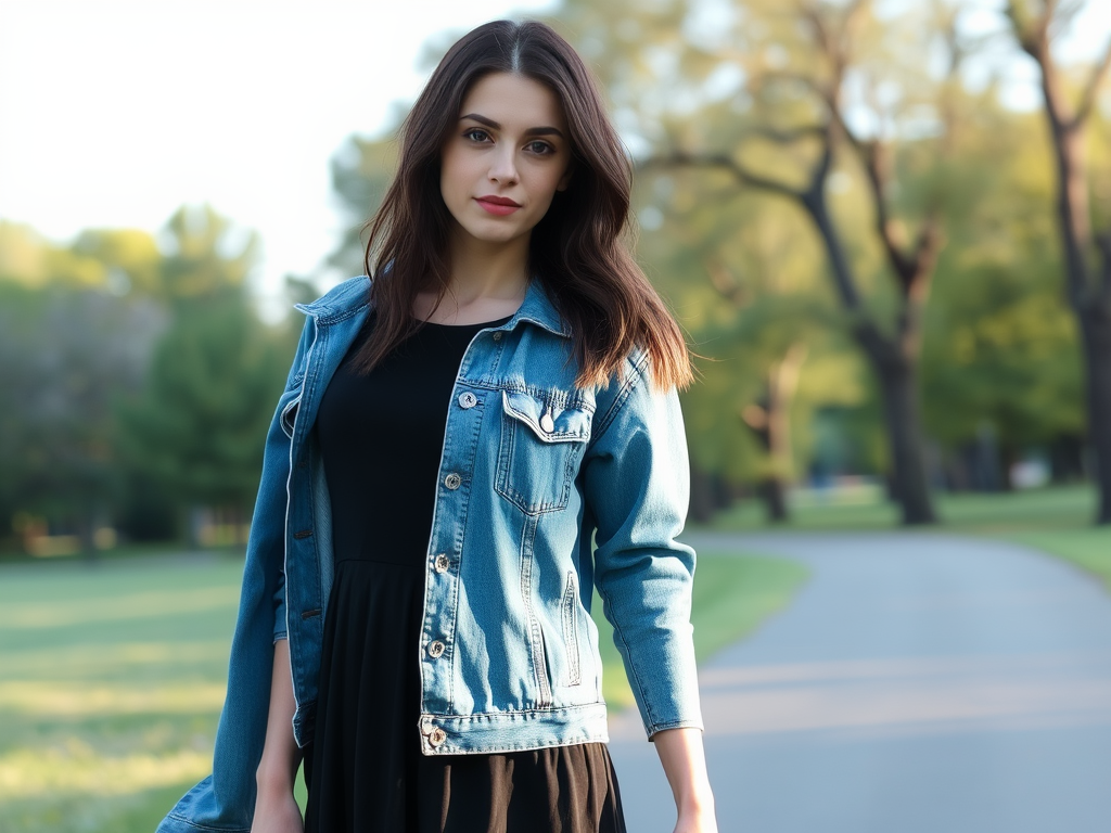 Une jeune femme souriante porte une veste en jean, debout sur un chemin dans un parc verdoyant.