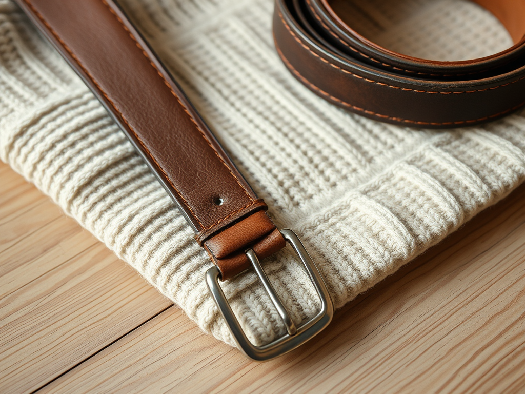 Une ceinture en cuir brun posée sur un tissu beige texturé, sur une surface en bois clair.